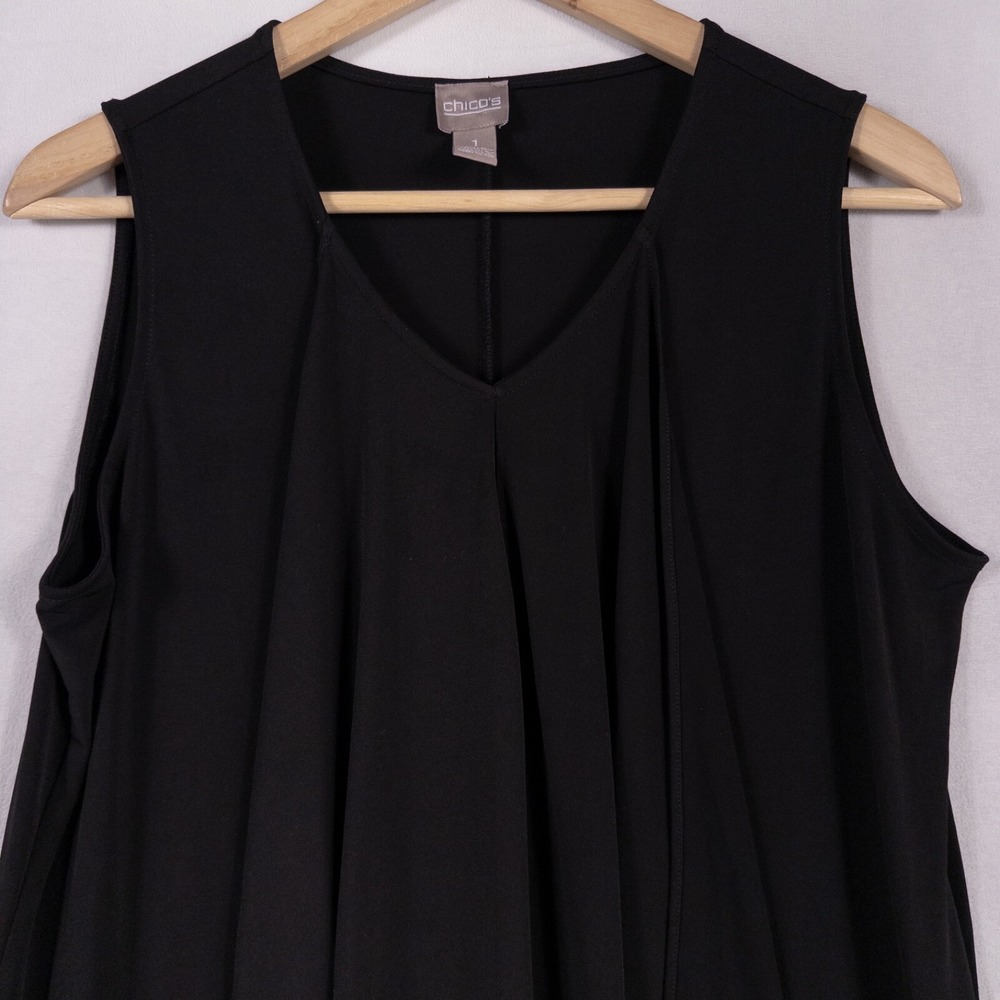 Chico's Midi Dress Womens 1 Black Stretch Knit Ruffle Front Travel Casual Resort - Picture 3 of 10